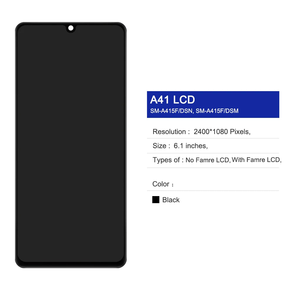 AMOLED A41 Display Screen, for Samsung Galaxy A41 A415 A415F LCD Display Touch Screen Digitizer with Frame Replacement Samsung phone repair parts