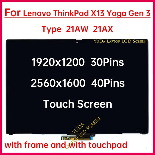 13.3 Inch Touch Screen For Lenovo ThinkPad X13 Yoga Gen 3 Type 21AW 21AX LCD Display Digitizer + With Frame Assembly Replacement Lenovo laptop repair parts