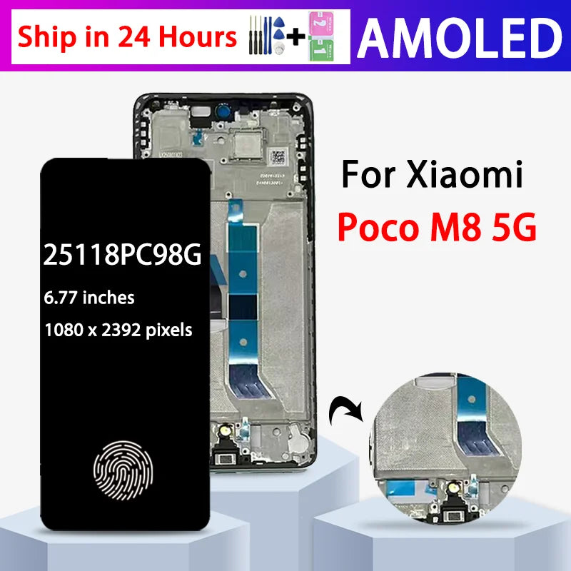 25118PC98G Premium Lcd For Xiaomi Poco M8 5G Display Touch Screen Digitizer Panel Assembly With Frame Fingerprint Xiaomi phone repair parts