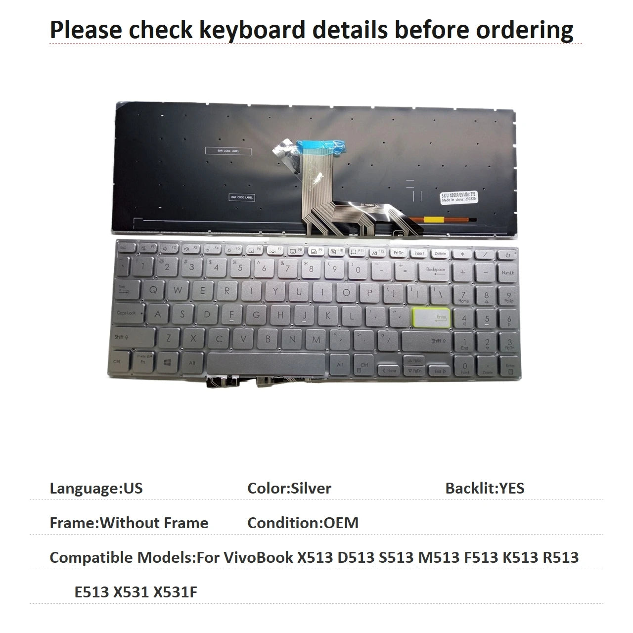 New US Russian Spanish UK Language  Backlit Keyboard For ASUS VivoBook X513 D513 S513 M513 F513 K513 R513 E513 X531 X531F ASUS laptop repair parts