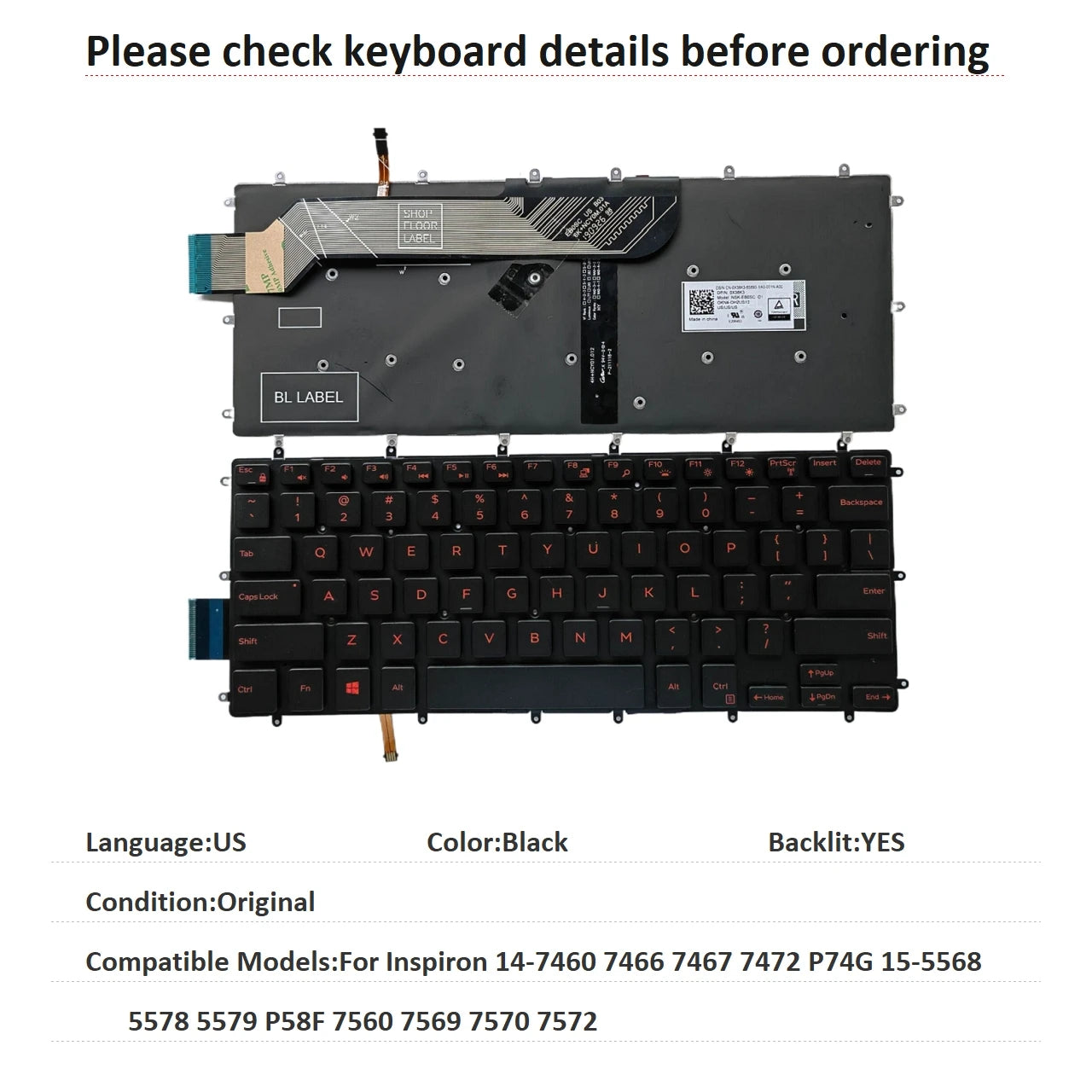 US RU SP BR Backlit Keyboard For Dell Inspiron 14-7460 7466 7467 7472 P74G 15-5568 5578 5579 P58F 7560 7569 7570 7572Dell laptop repair parts
