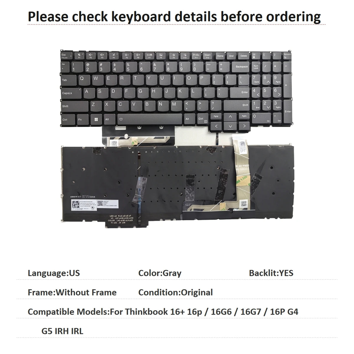 New US Spanish Latin Language  Backlit Keyboard For Lenovo Thinkbook 16+ 16p / 16G6 / 16G7 / 16P G4 G5 IRH IRL Lenovo laptop repair parts