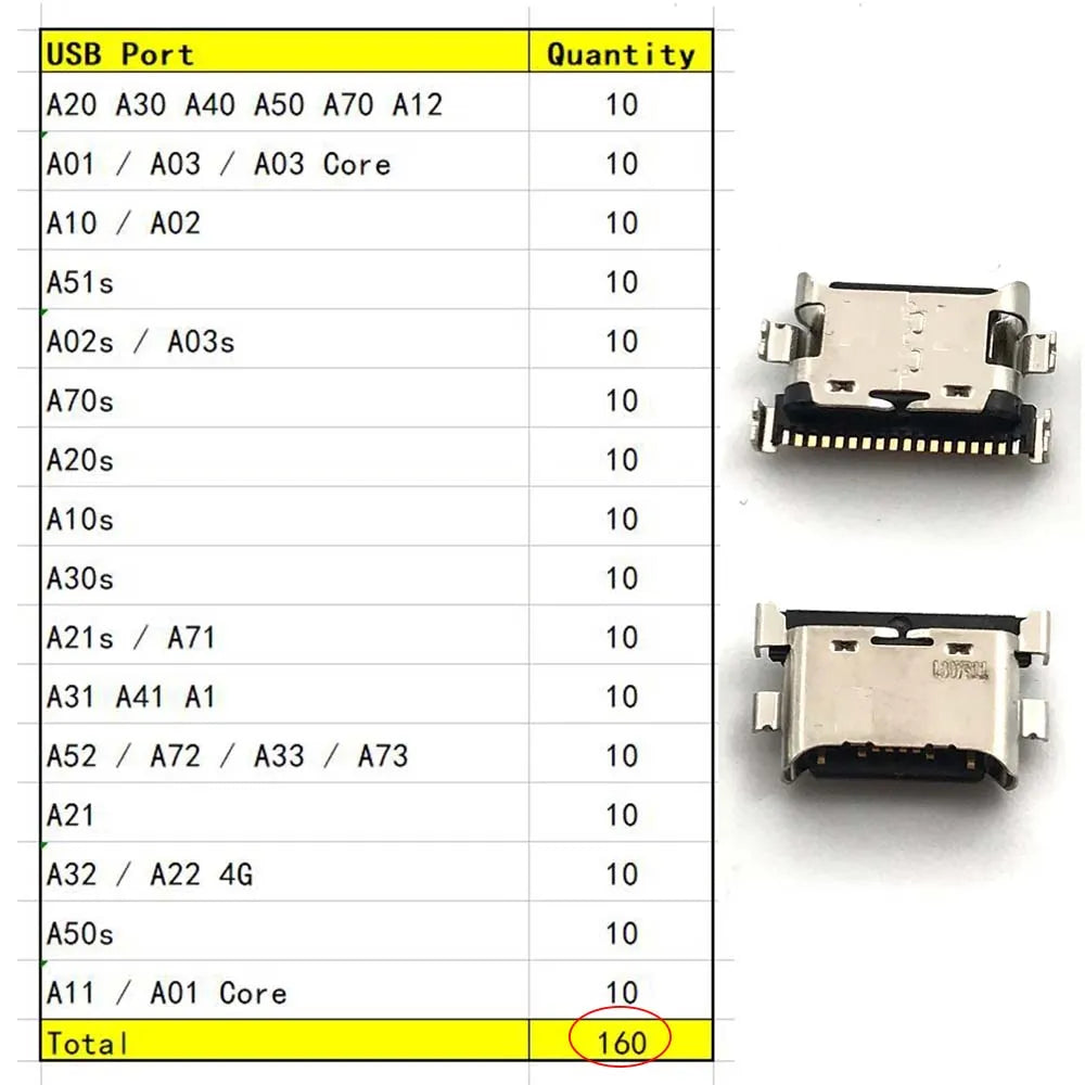 100Pcs Charger USB Charging Port Dock Connector For Samsung A20 A30 A50 A70 A51 A21s A01 A30s A20s A50s A11 A21 A31 A52 A02s A32 Samsung phone repair parts