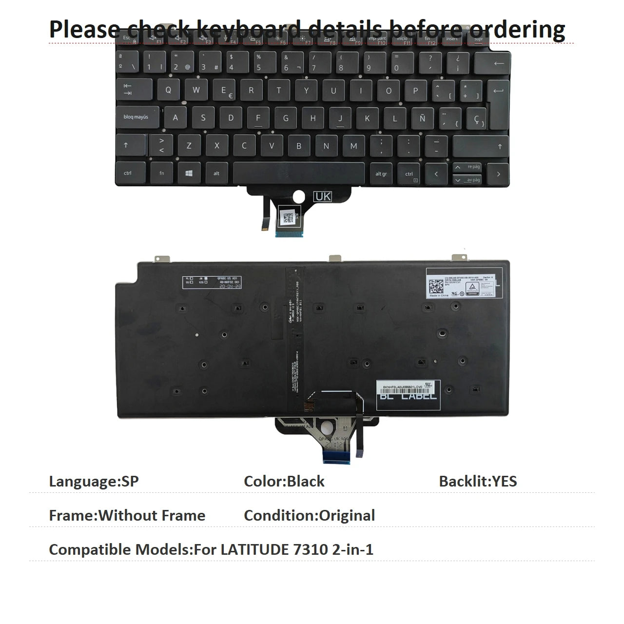 New US Spanish Latin UK Language  Backlit Keyboard For Dell LATITUDE 7310 2-in-1 01VJ7VDell laptop repair parts