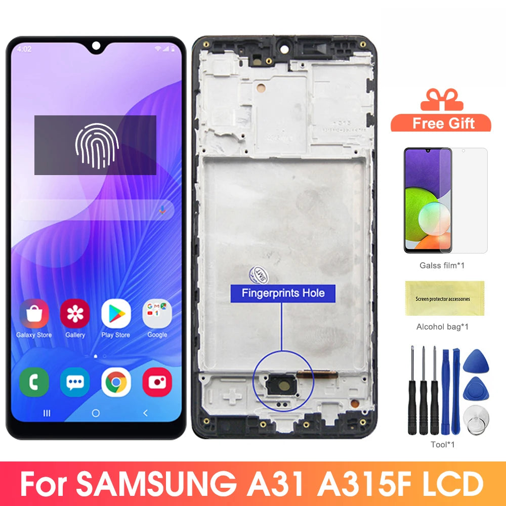 AMOLED A315 Screen, for Samsung Galaxy A31 A315 A315F 315F/DS Lcd Display Digital Touch Screen with Frame with Fingerprints Samsung phone repair parts