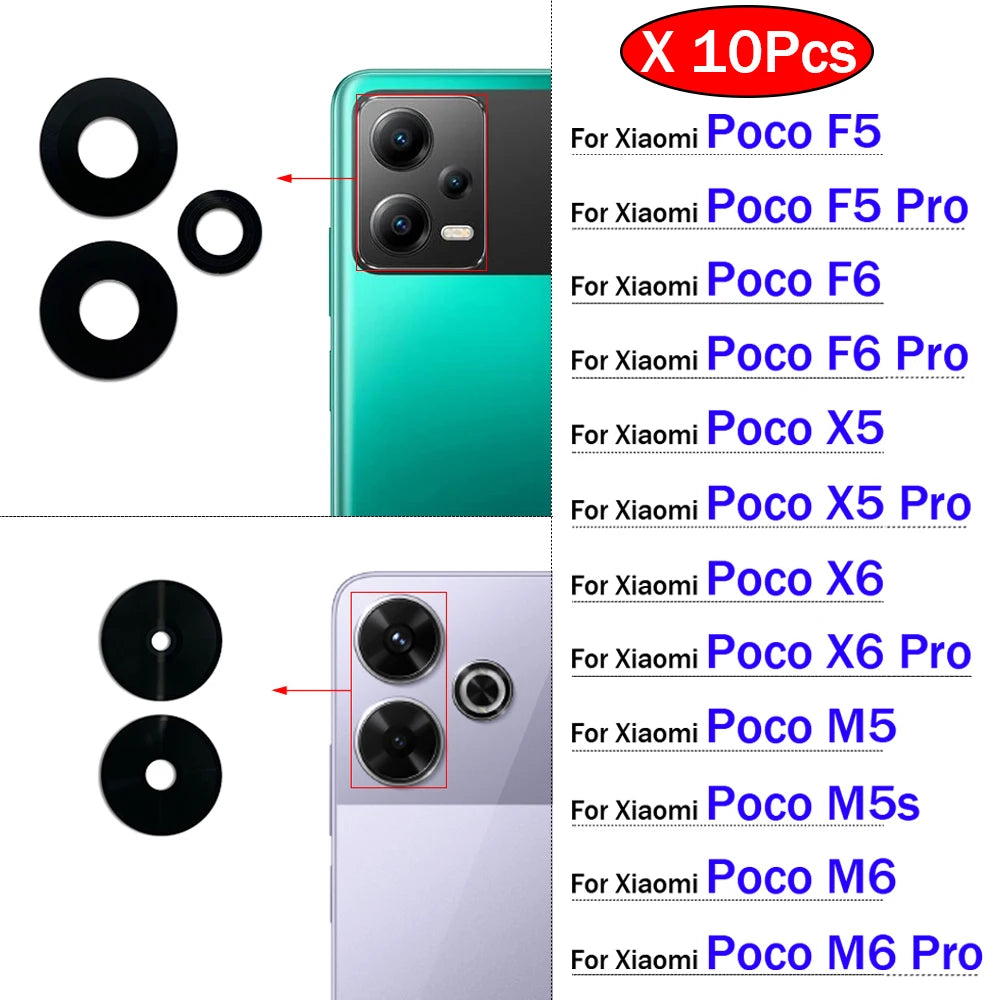 10Pcs/Lot, Back Rear Camera Glass Lens Cover With Adhesive For Xiaomi Poco F5 F6 M5 M5s M6 X5 X6 Pro 4G 5G  Xiaomi  Xiao mi phone repair parts