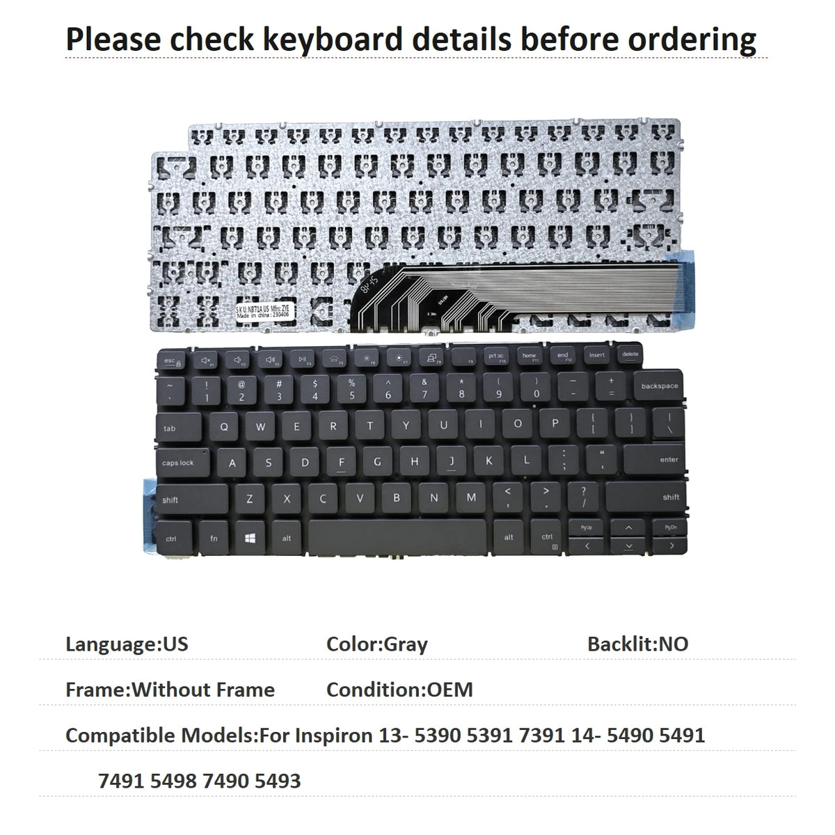 New US Russian Spanish Brazil Language  Backlit Keyboard For Dell Inspiron 13- 5390 5391 7391 14- 5490 5491 7491 5498 7490 5493Dell laptop repair parts