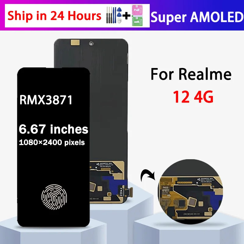 Super AMOLED For Realme 12 4G LCD Display Touch Screen Digitizer Assembly For Realme 12 4G RMX3871 Display With Frame  Oppo phone repair parts