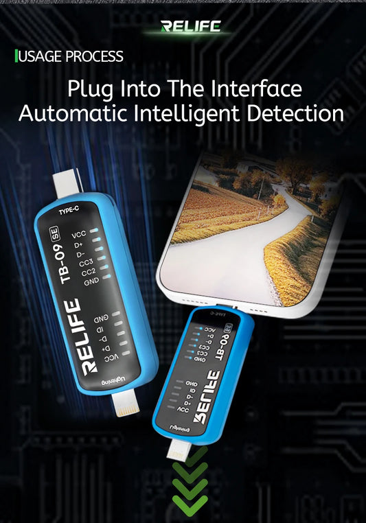 RELIFE TB-09 SE Tail Plug Tester for Mobile Phone Repair Dual Plug Lightning Type C Interface Fast Fault Detection Tools Kit Professional Repair Tools