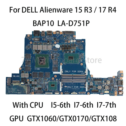 Laptop Motherboard For DELL Alienware 15 R3 17 R4 BAP10 LA-D751P With CPU I5-6300HQ I7-7700HQ GTX1060 GTX0170 GPU tested OK Dell laptop repair parts