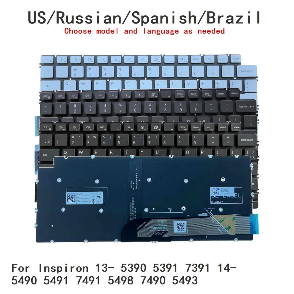 New US Russian Spanish Brazil Language  Backlit Keyboard For Dell Inspiron 13- 5390 5391 7391 14- 5490 5491 7491 5498 7490 5493Dell laptop repair parts