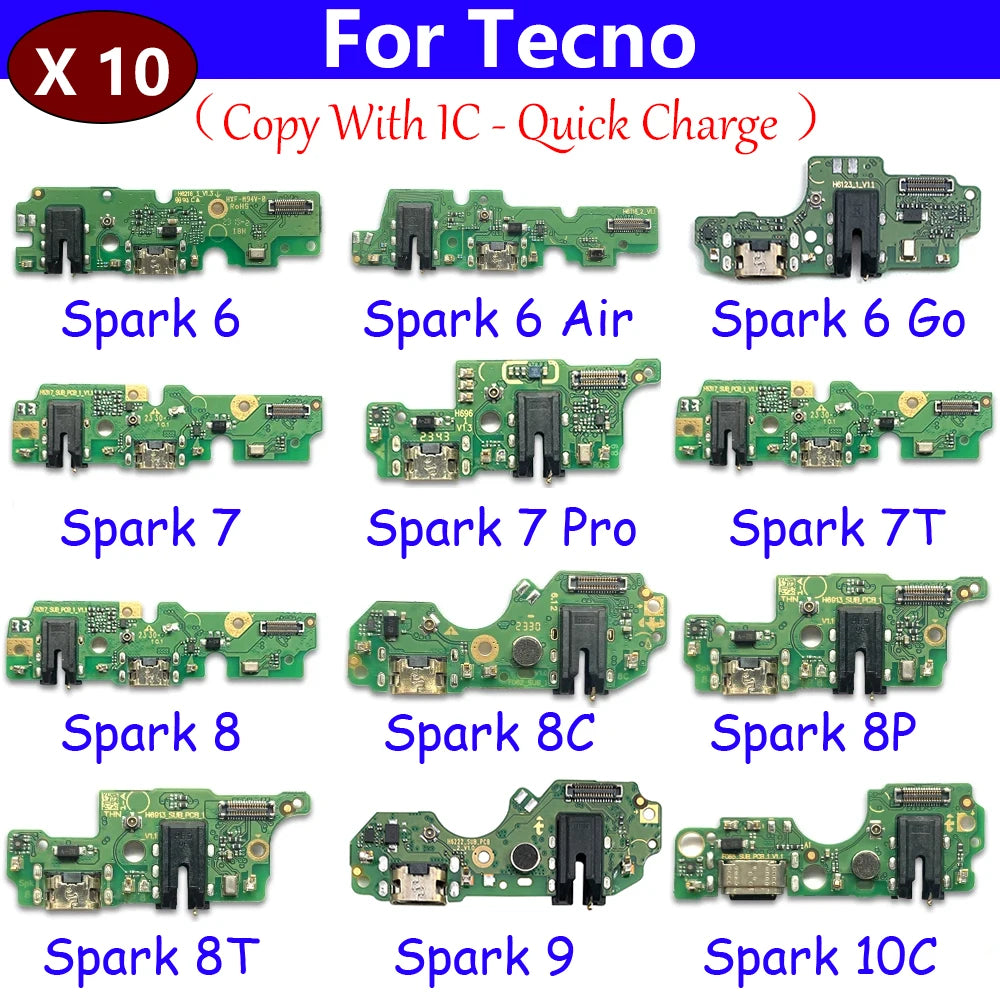 10Pcs, USB Charge Port Dock Connector Charging Board Flex Cable For Tecno Spark 5 6 Air 7 7T 8 8C 8P 8T 10C 9 20 Pro Go 2022 Tecno phone repair parts
