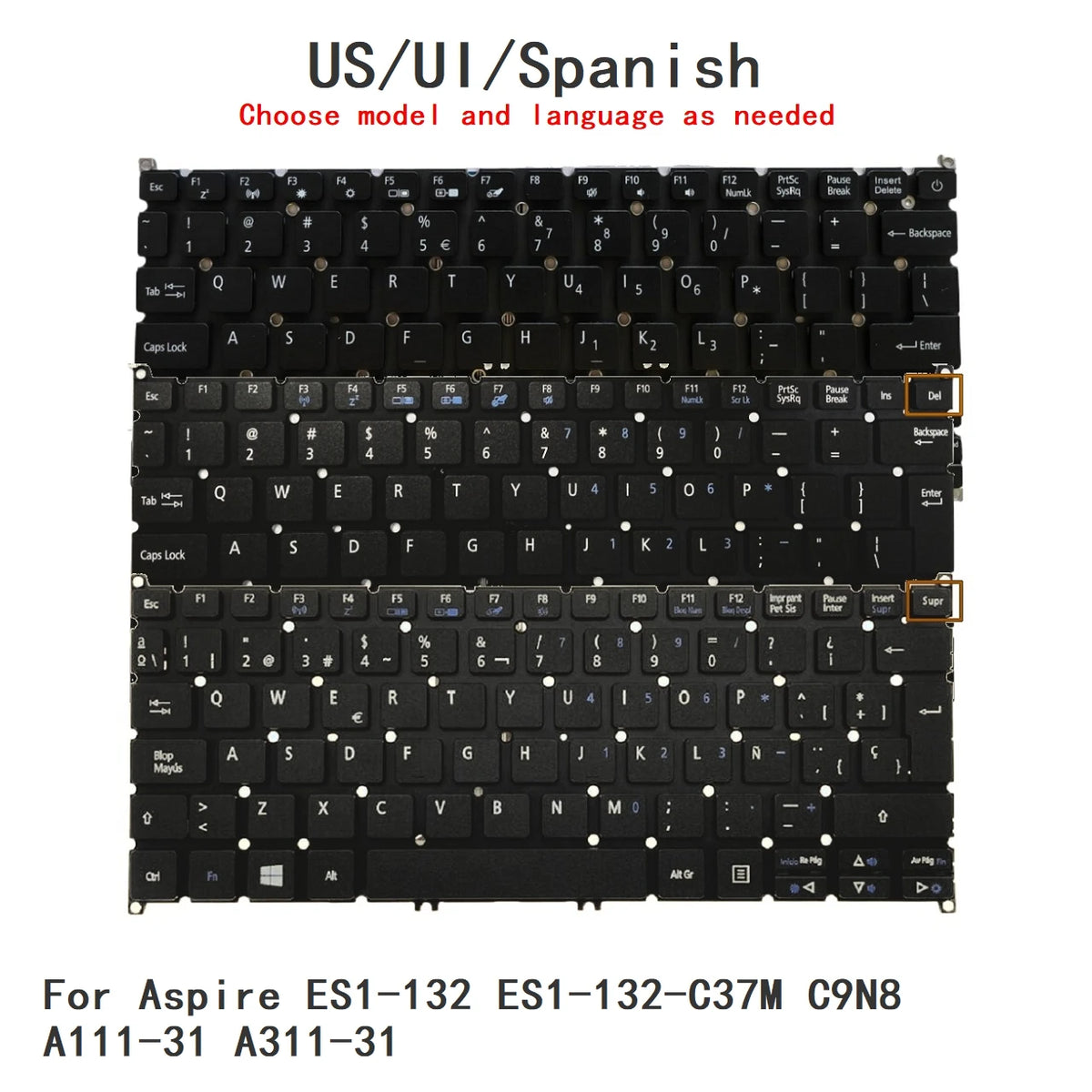 New US UI Spanish Language  Keyboard For Acer Aspire ES1-132 ES1-132-C37M C9N8 A111-31 A311-31 Notebook PC Replacement Keyboard Acer laptop repair parts