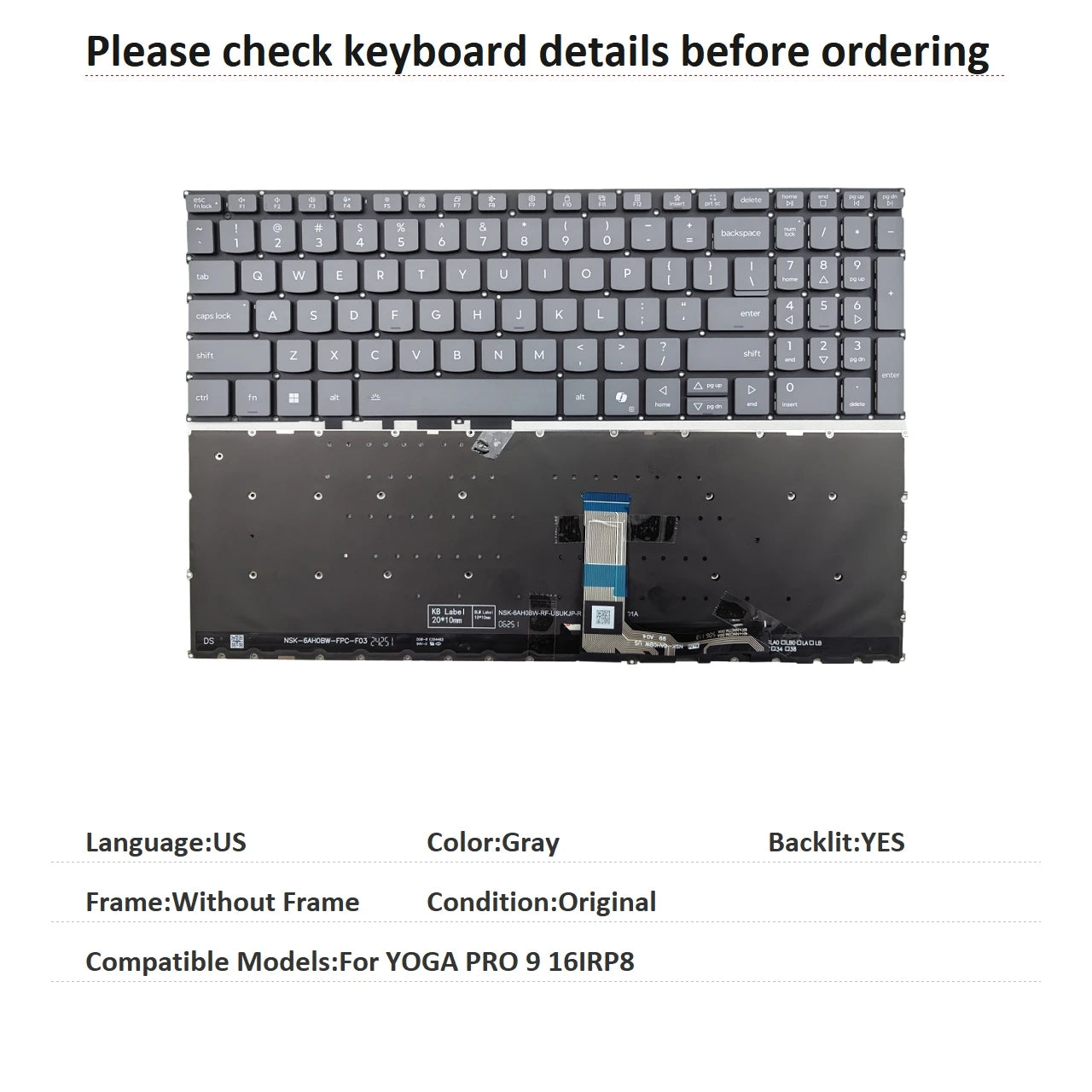 New US Language  Backlit Keyboard For Lenovo YOGA PRO 9 16IRP8 Notebook PC Replacement Keyboard Lenovo laptop repair parts