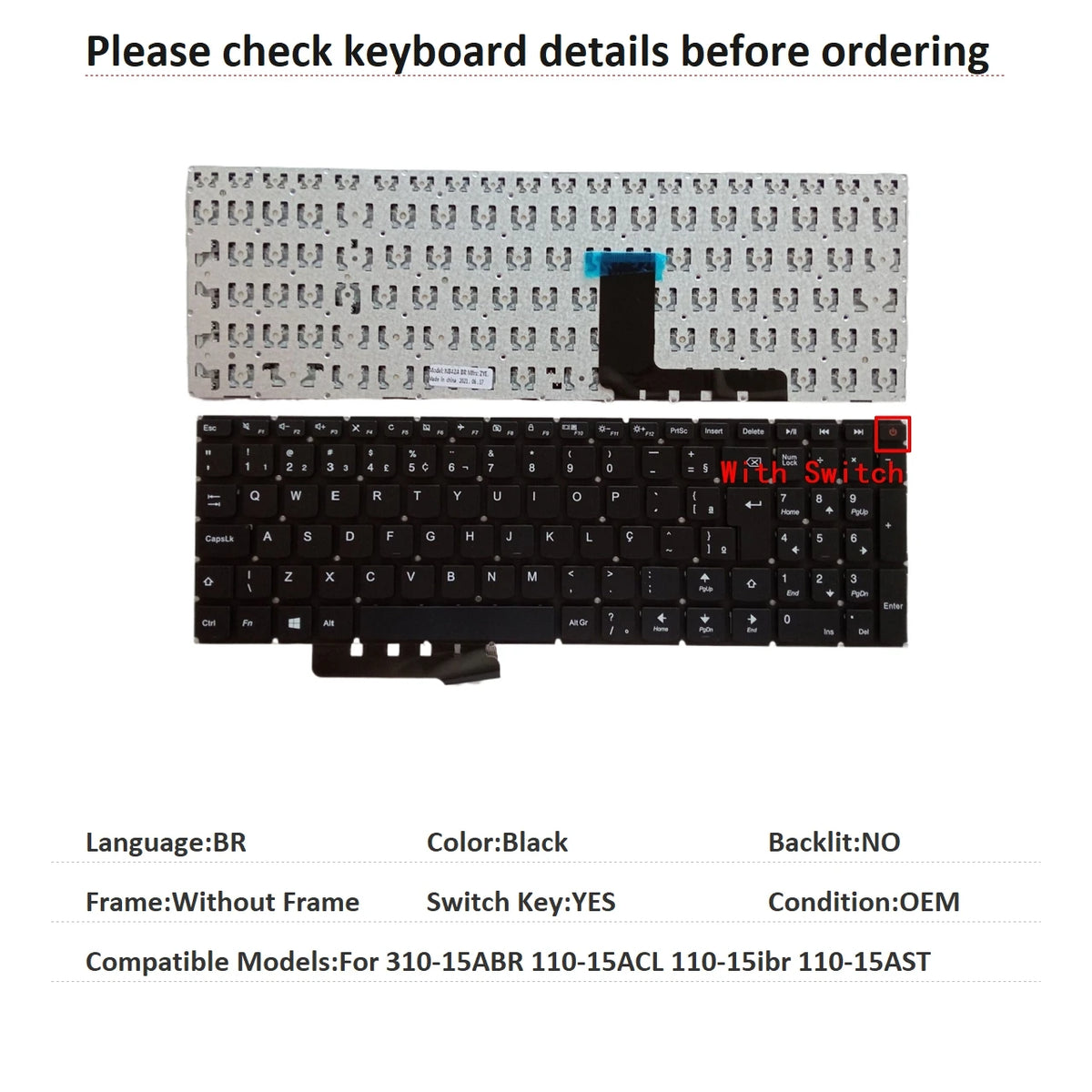 New US Russian Spanish Arab Brazil Language  Backlit Keyboard For Lenovo 310-15ABR 110-15ACL 110-15ibr 110-15AST Lenovo laptop repair parts