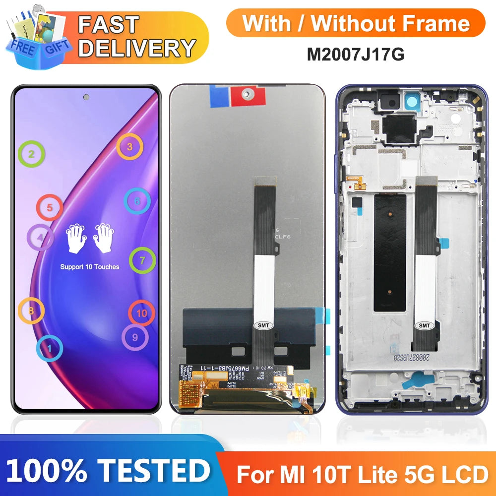 Mi 10T Lite 5G Screen With 10 Touch Points, for Xiaomi Mi 10T Lite 5G M2007J17G LCD Display Touch Screen with Frame Replacement Xiaomi phone repair parts