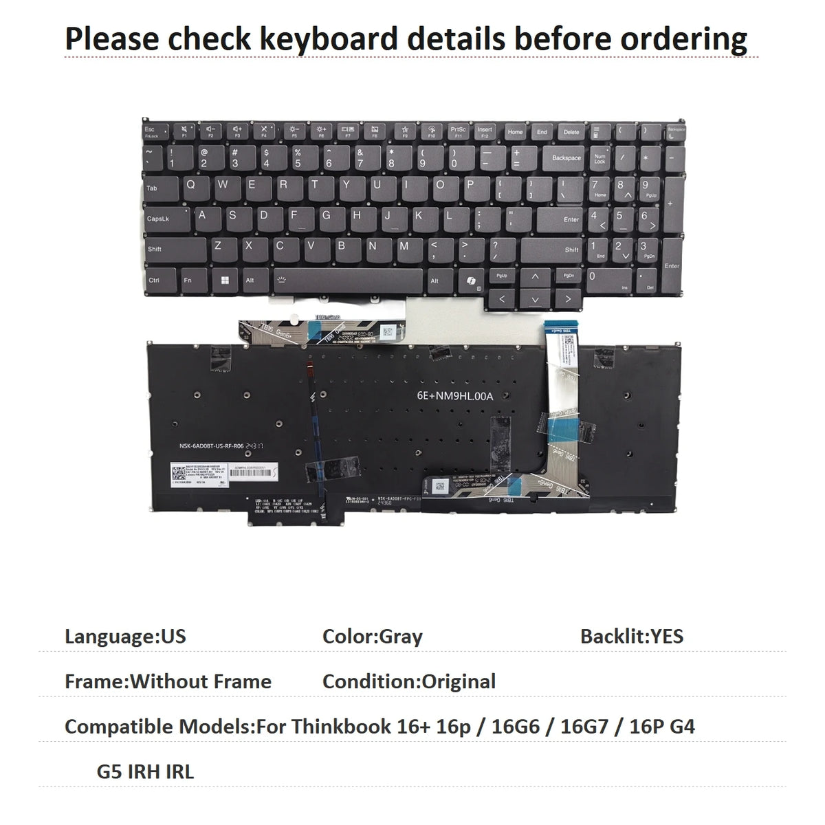 New US Spanish Latin Language  Backlit Keyboard For Lenovo Thinkbook 16+ 16p / 16G6 / 16G7 / 16P G4 G5 IRH IRL Lenovo laptop repair parts