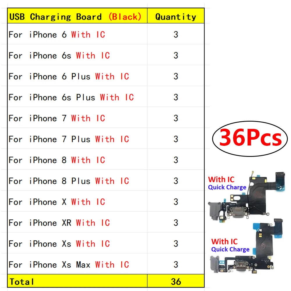 24Pcs，USB Charging Port Board Flex Cable Connector Microphone Module For iPhone 6 6S 7 8 Plus X XR XS Max iPhone phone repair parts