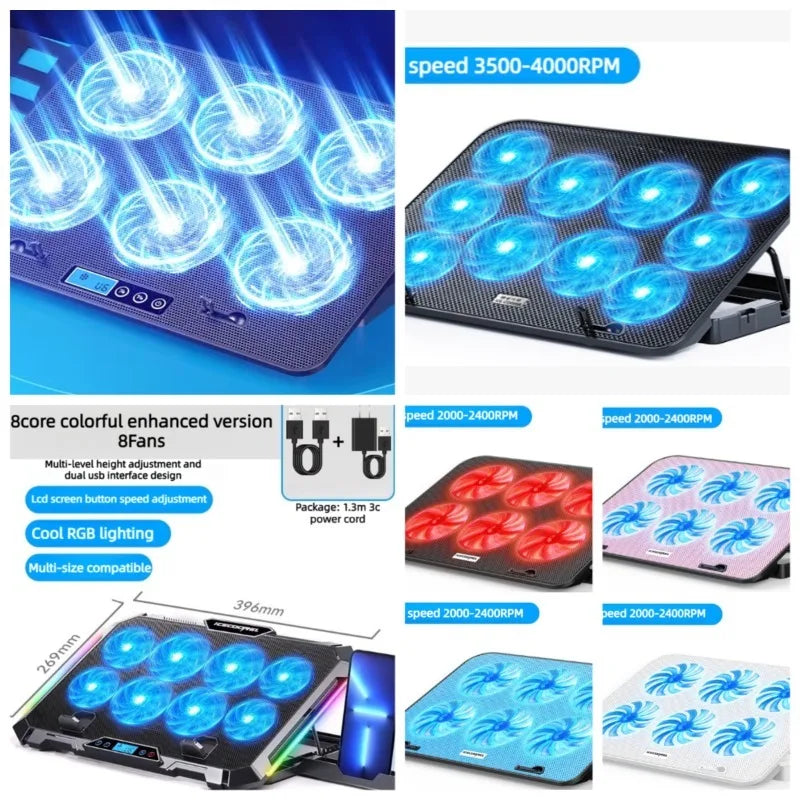 Dual USB 4000RPM 14"-17.3" 12quiet fans Ice Notebook laptop Gaming Cooling Stand Foldable Variable speed Cooler LED Light Fan