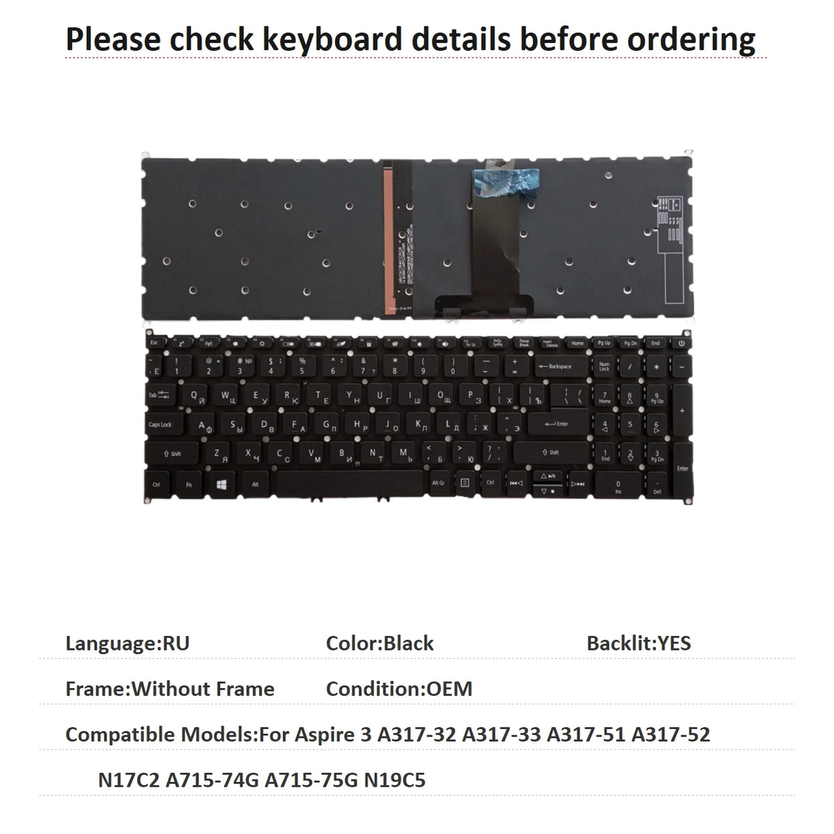 New US Russian Language  Backlit Keyboard For Acer Aspire 3 A317-32 A317-33 A317-51 A317-52 N17C2 A715-74G A715-75G N19C5 ACER laptop repair parts