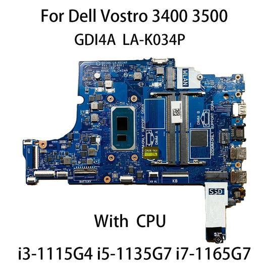 Laptop Motherboard GDI4A LA-K034P For Dell Vostro 3400 3500 Inspiron 3501 3401 With CPU I3-1115G4 I5-1135G7 I7-1165G7 100%Test Dell laptop repair parts