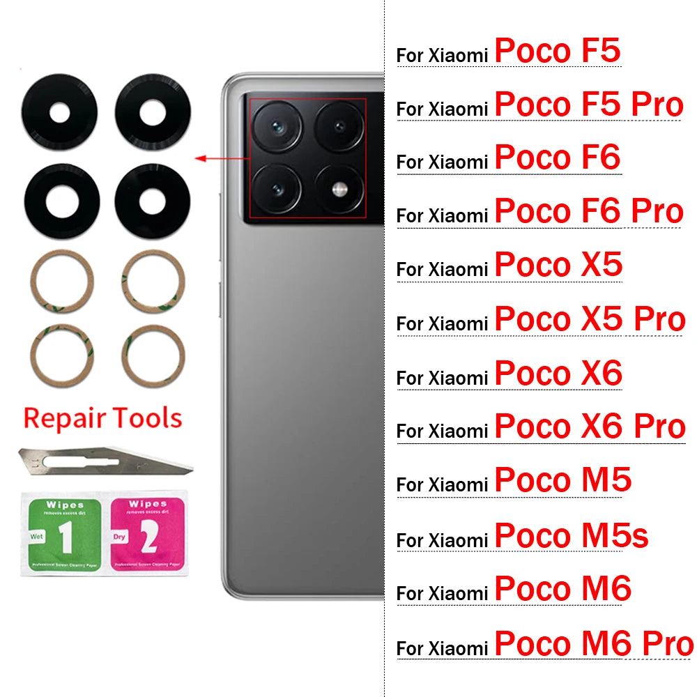 2Pcs/Lot, Camera Glass For Xiaomi Poco F5 F6 M5 M5s M6 X5 X6 Pro 4G 5G Rear Back Camera glass Lens With Adhesive  Xiaomi  Xiao mi phone repair parts