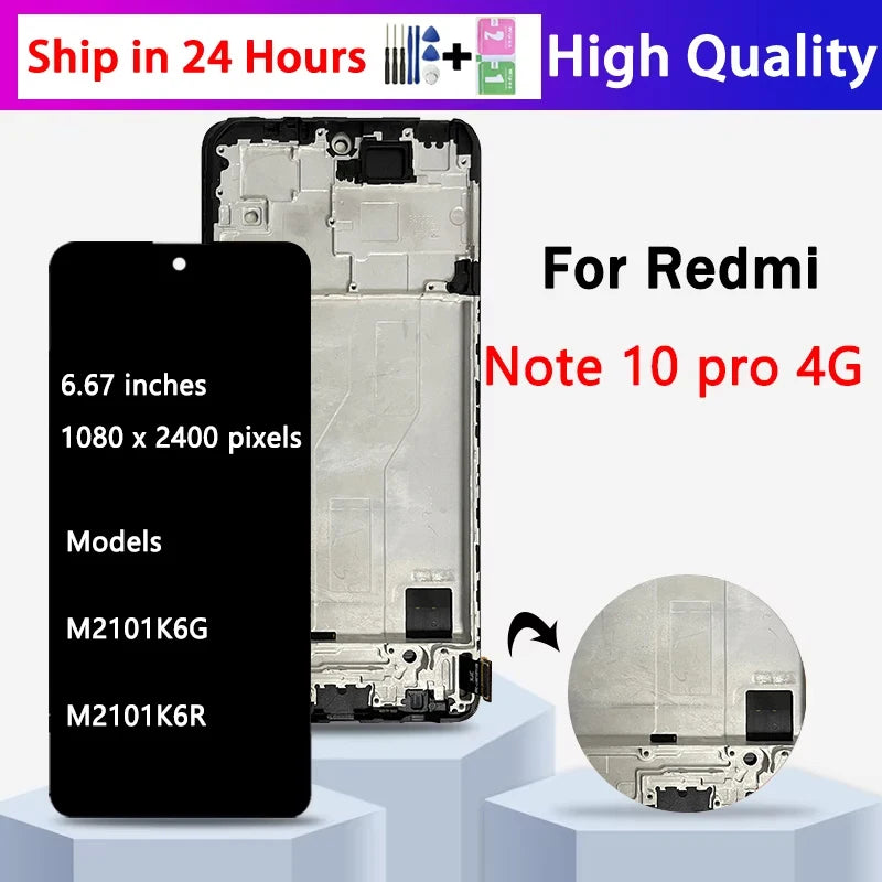 6.67" AMOLED For Redmi Note10Pro M2101K6G Display Replacment For Xiaomi Redmi Note 10 Pro Display LCD Touch Screen with Frame Xiaomi phone repair parts