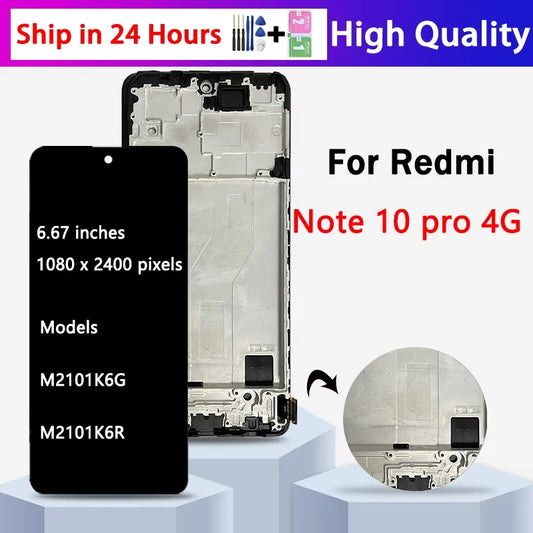 6.67" AMOLED For Redmi Note10Pro M2101K6G Display Replacment For Xiaomi Redmi Note 10 Pro Display LCD Touch Screen with Frame Xiaomi phone repair parts