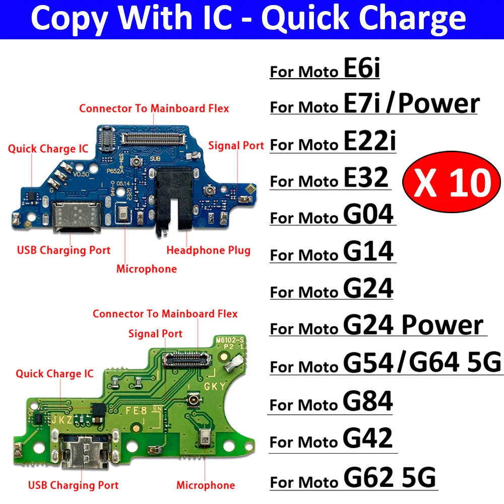 10Pcs, USB Charger Charging Dock Port Connector Flex Cable For Moto E6i E7i E22i E32 G24 Power G04 G14 G54 G64 G84 G42 G62 5G Motorola phone repair parts