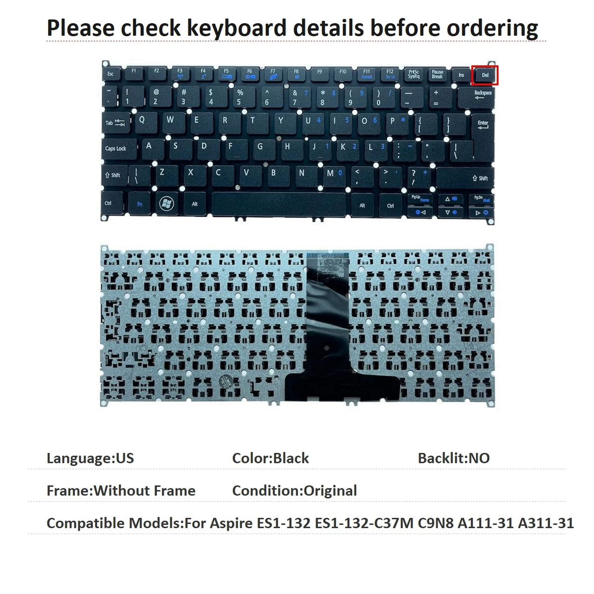 New US UI Spanish Language  Keyboard For Acer Aspire ES1-132 ES1-132-C37M C9N8 A111-31 A311-31 Notebook PC Replacement Keyboard Acer laptop repair parts