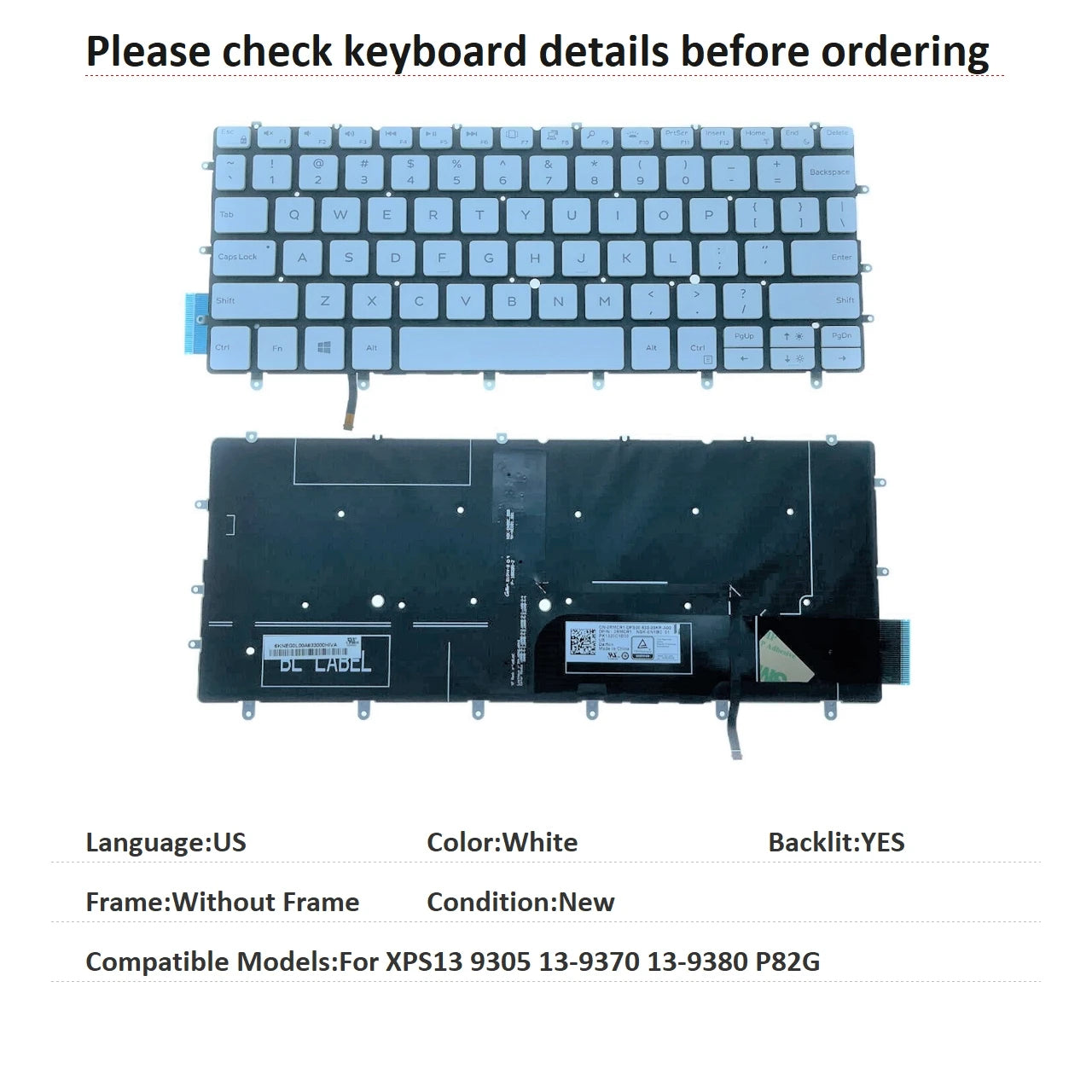 New US Spanish Language  Backlit Keyboard For Dell XPS13 9305 13-9370 13-9380 P82G 0RMCR1Dell laptop repair parts