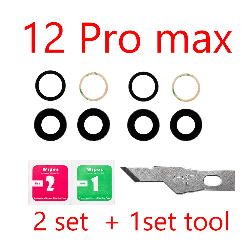 2set For iPhone 13 Pro Max 12 11 14 ProMax Mini XR XS XSMax  Back Rear camera Glass lens with sticker adhesive Replacement iPhone phone repair parts
