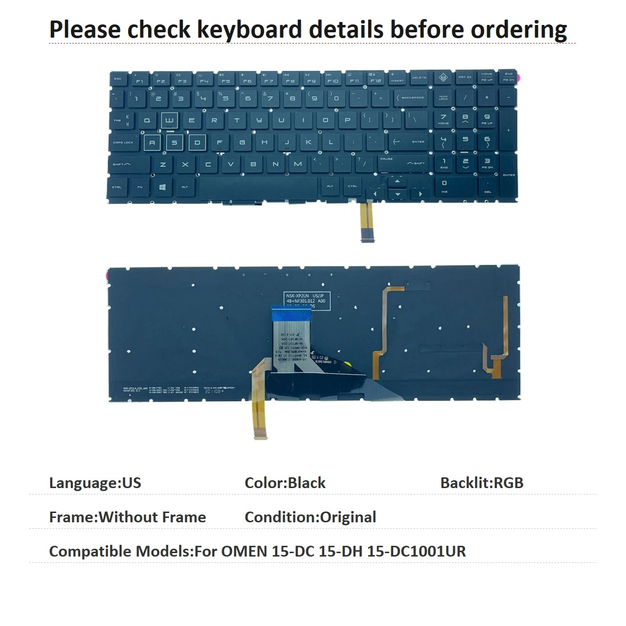 New US Latin Portuguese Language  RGB Keyboard For HP OMEN 15-DC 15-DH 15-DC1001UR Notebook PC Replacement Keyboard XP1-US  HP laptop repair parts