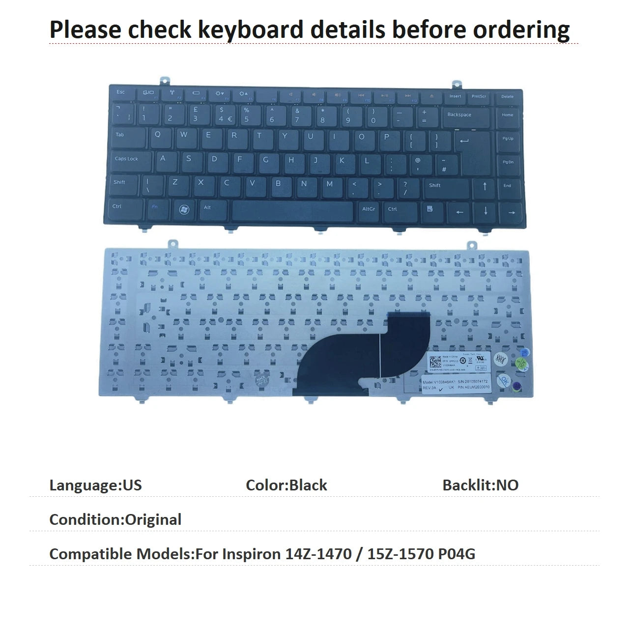 New US Language  Keyboard For Dell Inspiron 14Z-1470 / 15Z-1570 P04G Notebook PC Replacement KeyboardDell laptop repair parts