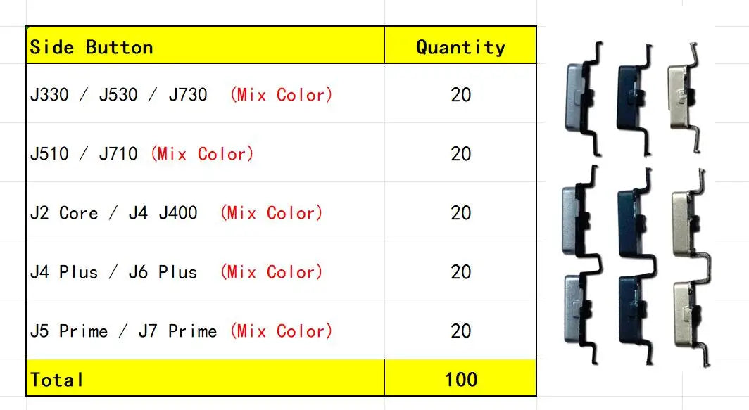 100Pcs, Side Power Key Volume Button For Samsung J2 Core J400  J4 J6 Plus J5 J7 Prime J5 J7 2016 2017 J330 J530 J730 J510 J710 Samsung phone repair parts