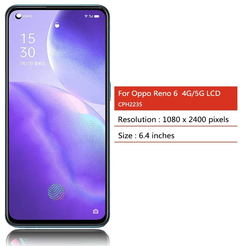 Reno 6 Display Screen For OPPO Reno6 4G LCD CPH2235 Display Touch Panel Digitizer For Oppo Reno 6 5G PEQM00, CPH2251 LCD Frame Oppo phone repair parts Realme phone repair parts