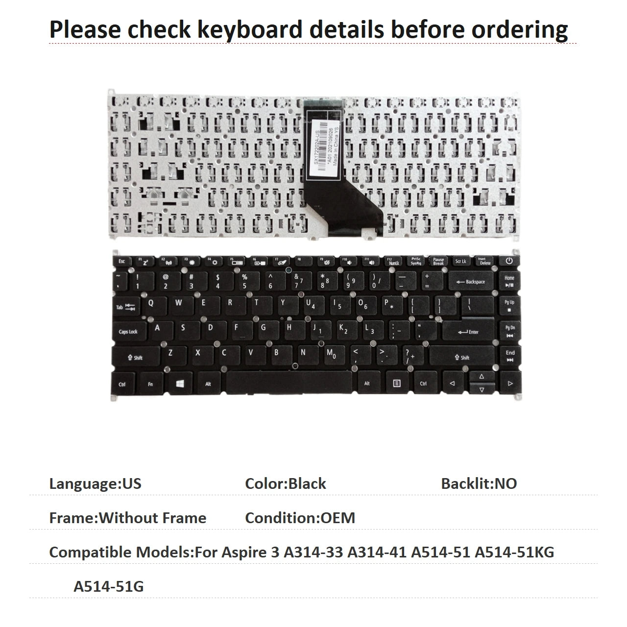 New US Spanish Language  Keyboard For Acer Aspire 3 A314-33 A314-41 A514-51 A514-51KG A514-51G Notebook PC Replacement Keyboard Acer laptop repair parts
