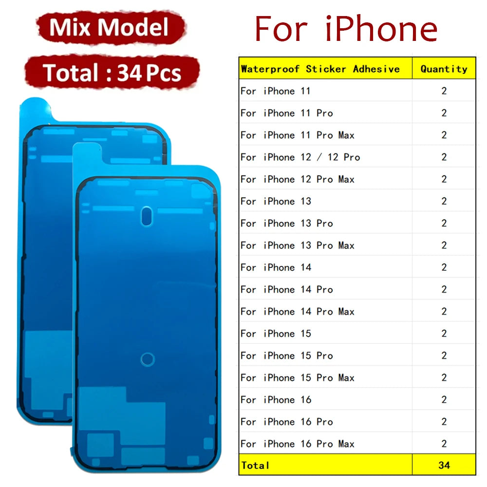 34Pcs, Waterproof Sticker For iPhone 11 12 13 14 15 16 Pro Max Mini Plus LCD Screen Adhesive Frame Seal Tape iPhone phone repair parts