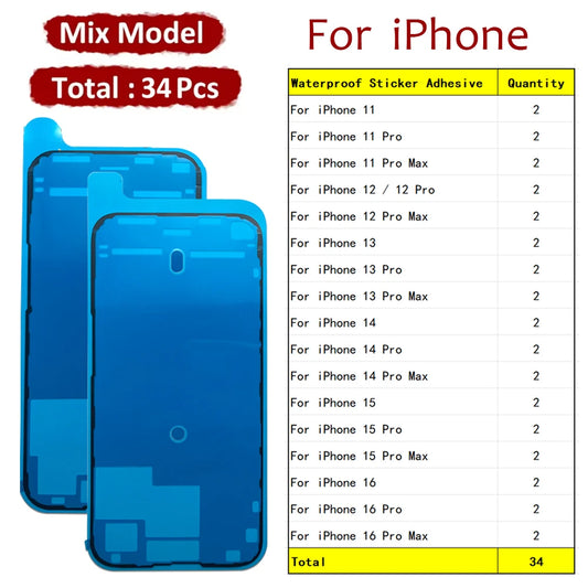 34Pcs, Waterproof Sticker For iPhone 11 12 13 14 15 16 Pro Max Mini Plus LCD Screen Adhesive Frame Seal Tape iPhone phone repair parts