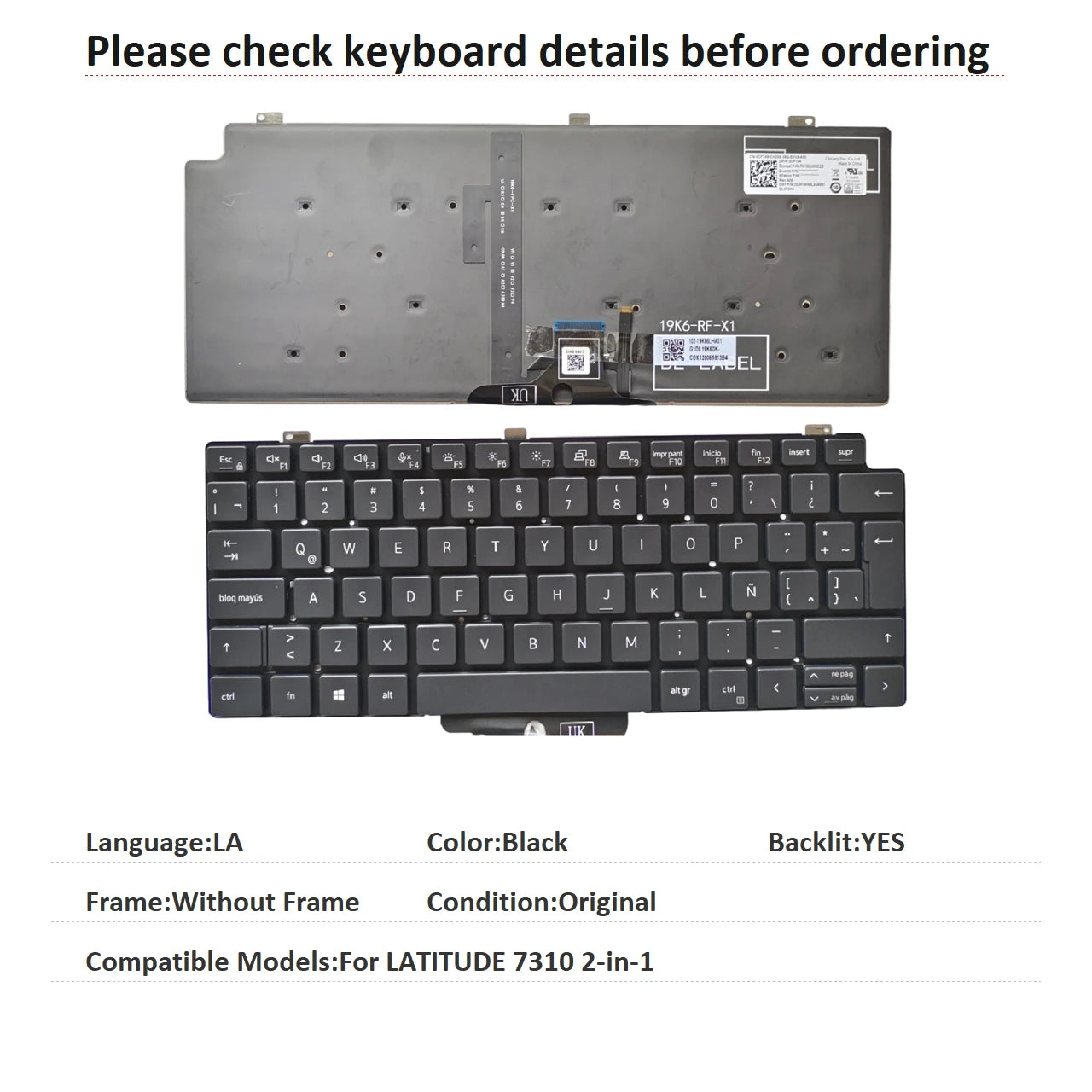 New US Spanish Latin UK Language  Backlit Keyboard For Dell LATITUDE 7310 2-in-1 01VJ7VDell laptop repair parts