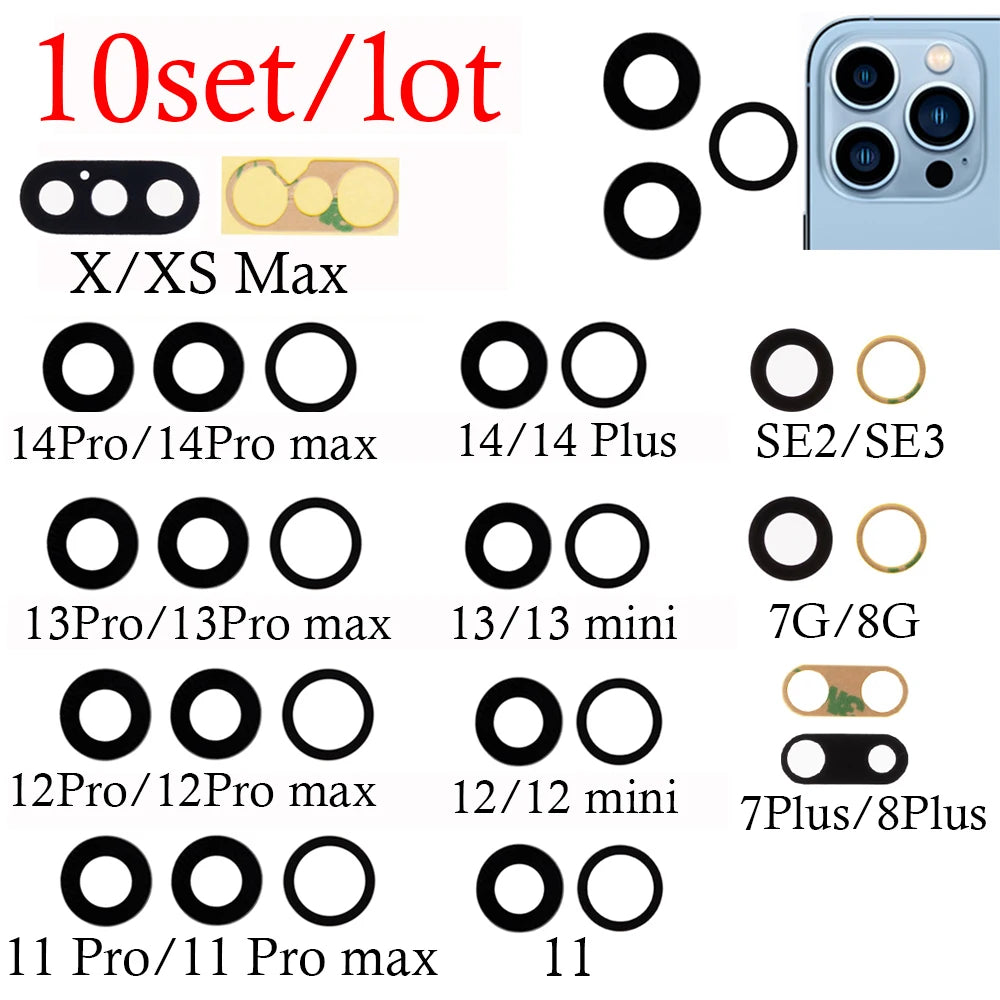 10pcs Rear Back Camera Lens Glass for iPhone 14 13 Pro Max 12 11 ProMax Mini XR XS XSMax X 7 8 Plus 6 6s SE with Glue Sticker iPhone phone repair parts