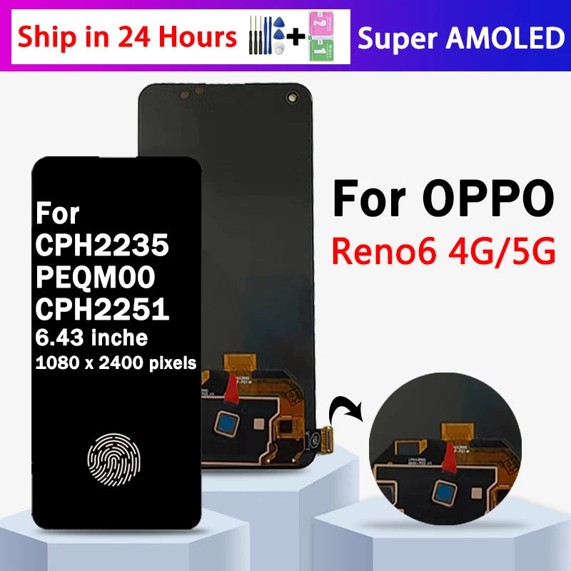 Super AMOLED For Oppo Reno6 CPH2235 LCD Display Screen Touch Panel Digitizer For Reno 6 5G CPH2251 Display Fingerprint  Oppo phone repair parts