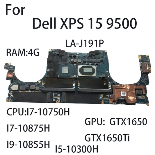 Laptop Motherboard for Dell XPS 15 9500 LA-J191P With CPU:I5-10300H I7-10750H I7-10875H I9-10855H GTX1650/1650Ti 4G RHXRG 0XWT2F Dell laptop repair parts