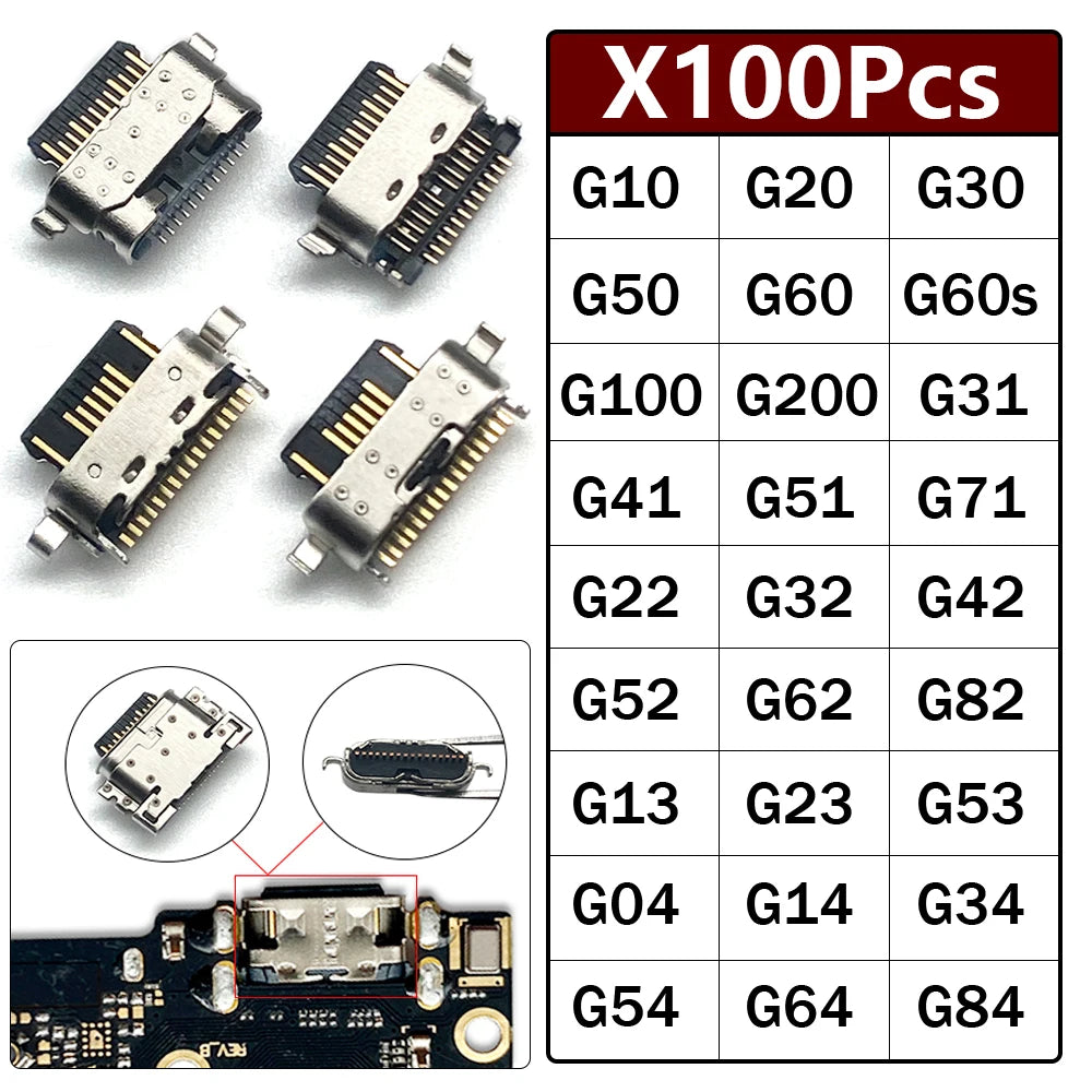 100Pcs, USB Charging Connector Charger Port For Moto G04 G14 G22 G32 G62 G31 G51 G52 G13 G23 G53 G54 G10 G20 G30 G50 G60 G60s Motorola phone repair parts