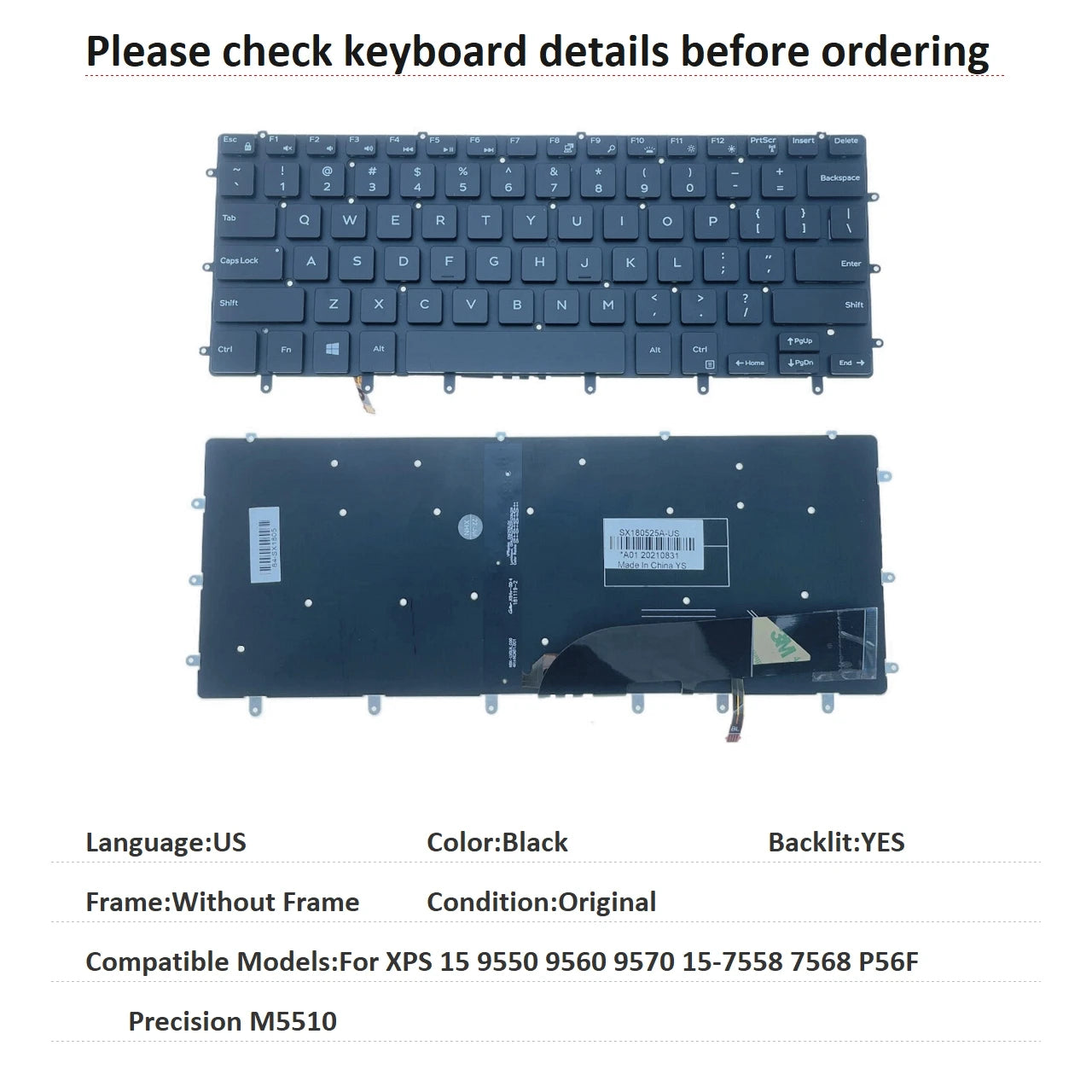 New US Spanish Language  Backlit Keyboard For Dell XPS 15 9550 9560 9570 15-7558 7568 P56F Precision M5510 Replacement KeyboardDell laptop repair parts