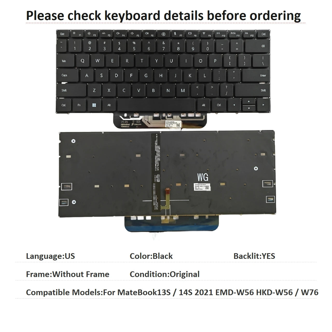 New US Language  Backlit Keyboard For HUAWEI MateBook13S / 14S 2021 EMD-W56 HKD-W56 / W76 Notebook PC Replacement Keyboard  HUAWEI laptop repair parts
