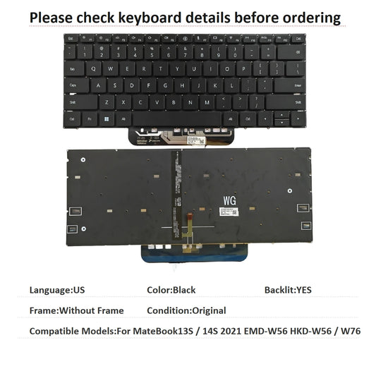 New US Language  Backlit Keyboard For HUAWEI MateBook13S / 14S 2021 EMD-W56 HKD-W56 / W76 Notebook PC Replacement Keyboard  HUAWEI laptop repair parts