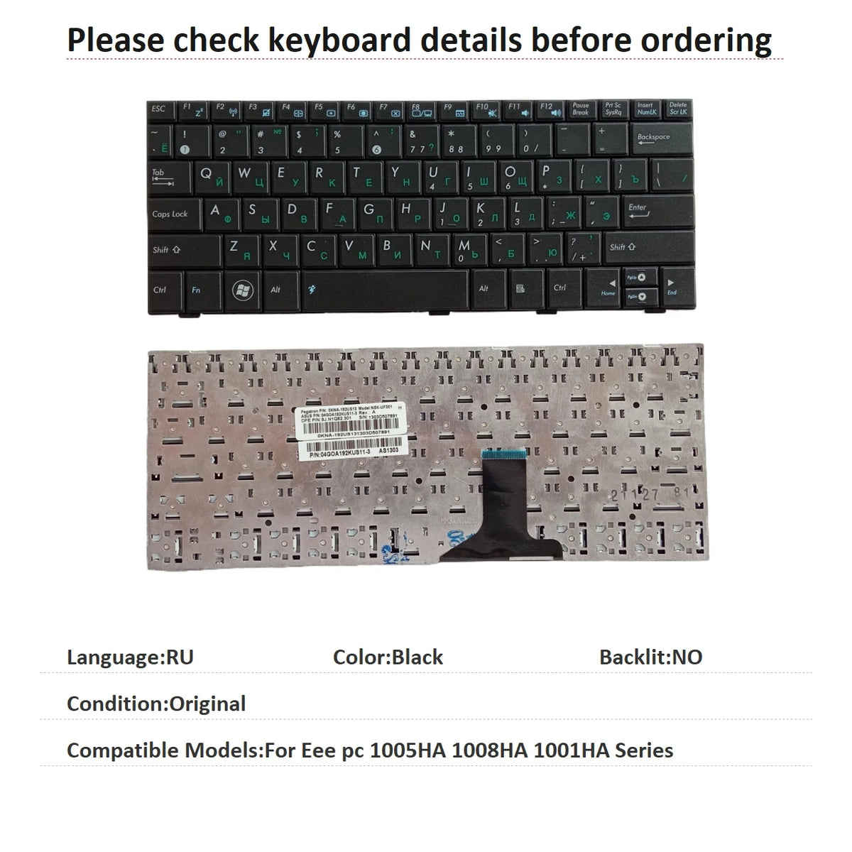 New US UI Russian Spanish Language  Keyboard For ASUS Eee pc 1005HA 1008HA 1001HA Series Notebook PC Replacement Keyboard ASUS laptop repair parts