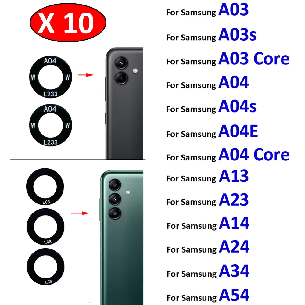 10Pcs/Lot Back Rear Camera Glass Lens For Samsung  A03 A03s A04 Core A04s A04E A14 A24 A34 A54 A13 A23 4G 5G With Adhesive Samsung phone repair parts