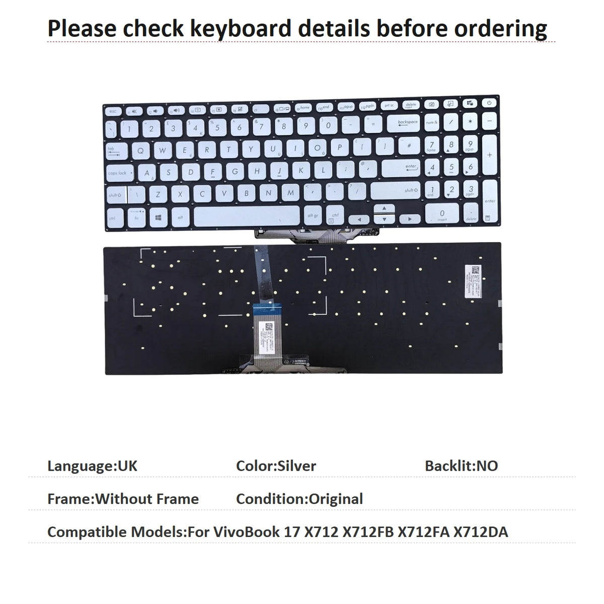 New US Russian UK Language  Backlit Keyboard For ASUS VivoBook 17 X712 X712FB X712FA X712DA Notebook PC Replacement Keyboard ASUS laptop repair parts
